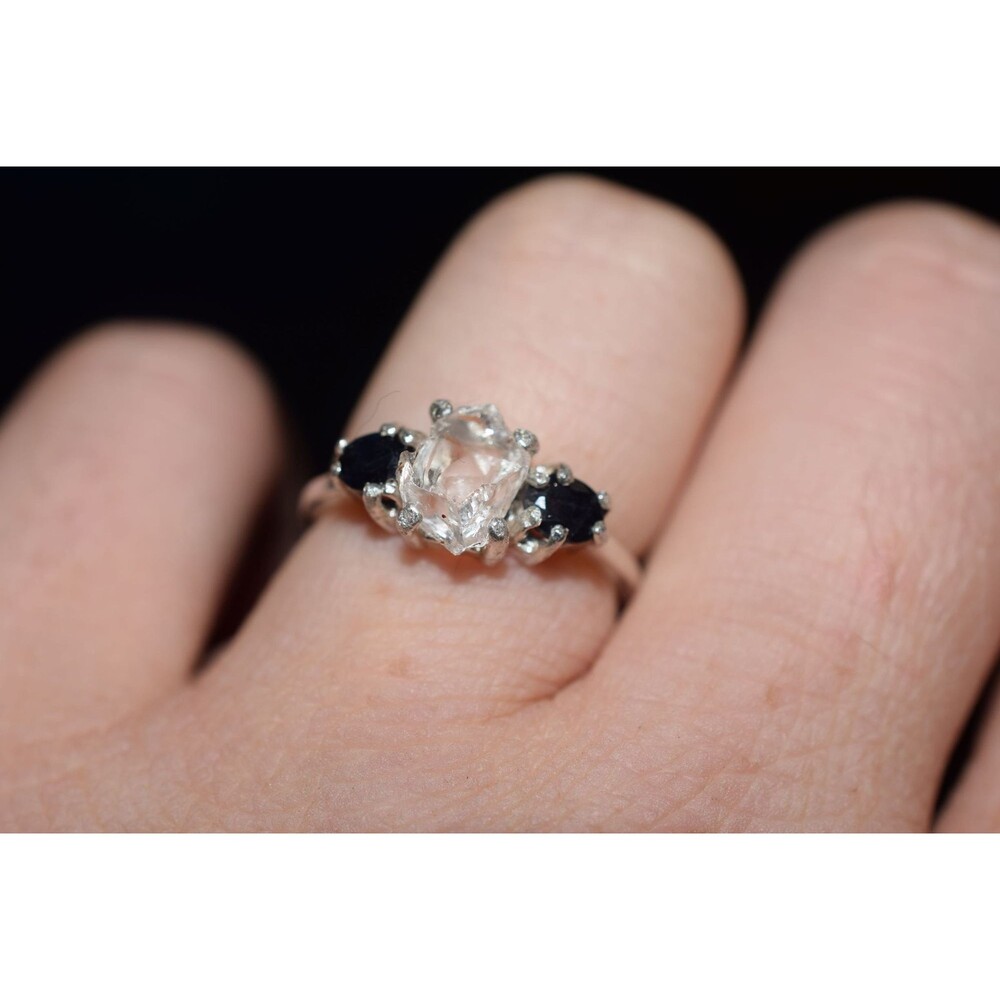 Size 7 Engagement Ring Sapphire Three Stone Wedding Ring Rough Diamond Ring Gold